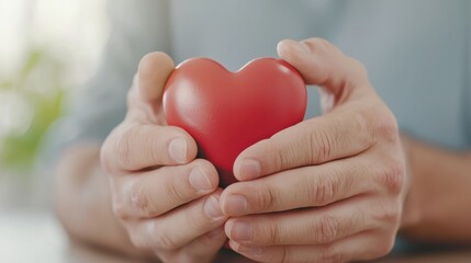 Fototapeta premium A person holds a red heart symbol, conveying love and care, against a softly blurred background filled with green nature.