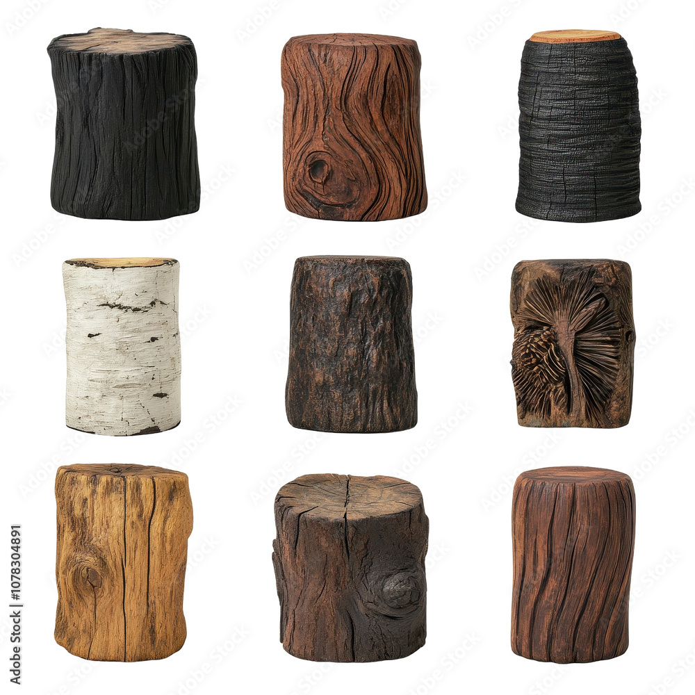 Poster a collection of wooden logs, each with a unique shape and texture. transparent background