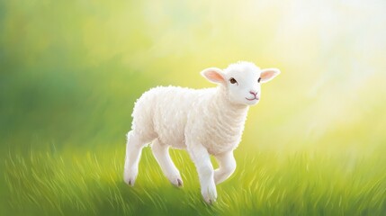 Obraz premium A cute, fluffy lamb frolicking in a vibrant green field, set against a soft, dreamy background that evokes a serene, pastoral atmosphere.