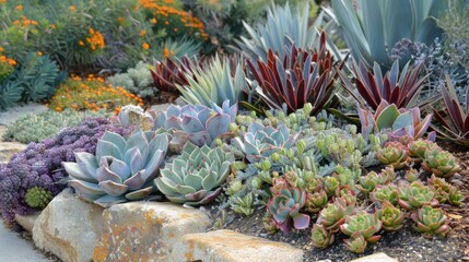 Desert Succulent. Beautiful California Landscaping with Colourful Agave and Cactus