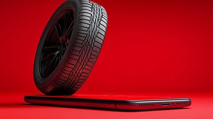 Phone is on a red background with a tire on top of it. Concept of playfulness and creativity, as...