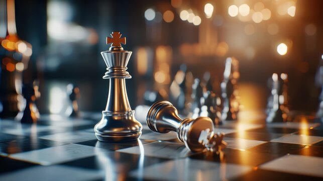 Chessboard scene with a toppled king and intense shadows, highlighting the tension of competition and high-stakes strategy in a close-up view.