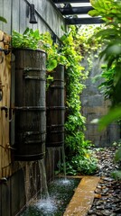 Naklejka premium A rainwater harvesting system collects and filters water for urban gardening