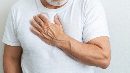 An older man with a beard places his hand on his chest, possibly indicating concern or experiencing discomfort.