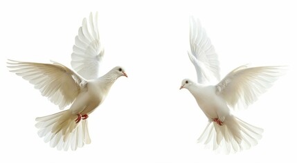 Obraz premium Dove White Background. Collage of Two Free Flying White Doves with Open Wings