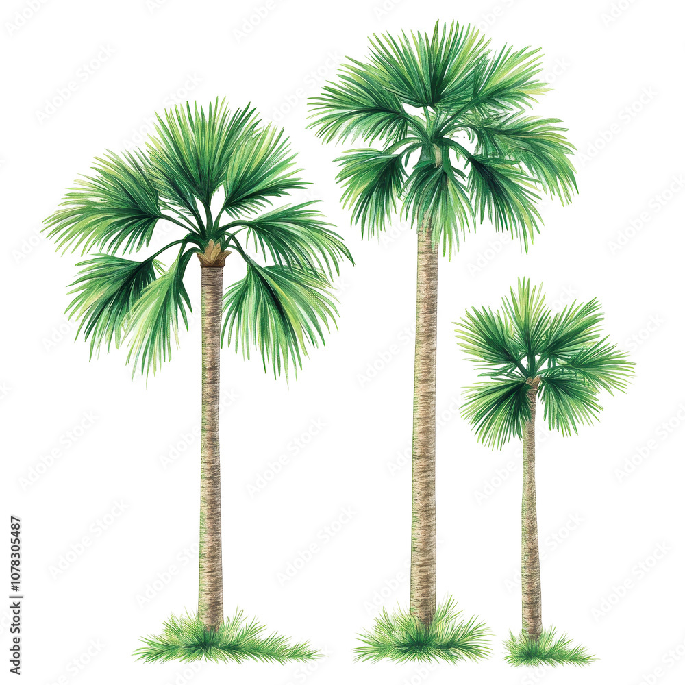 Poster three palm trees are shown in a row, with the tallest one in the middle. transparent background