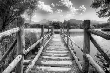 Obraz premium Earth Black And White. Beautiful Black and White Wooden Bridge Over Lake
