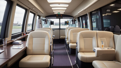 A bus interior with beige and gray seats, windows, and a flat screen.