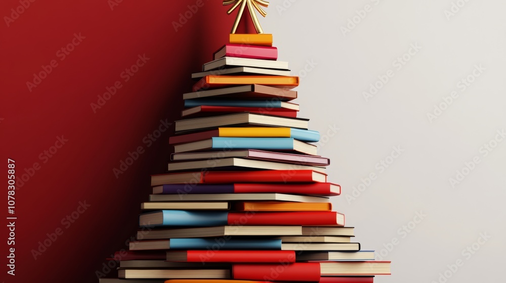 Aufkleber christmas tree made out of books. the books are stacked on top of each other in a pyramid shape. the