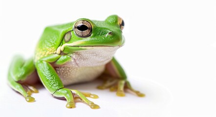 Obraz premium Frog Green. European Green Tree Frog Lurking Sitting Isolated on White Background