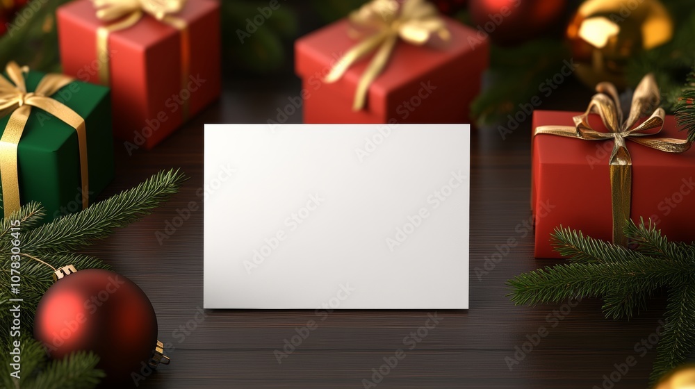 Poster white card is on a table with a bunch of red and green boxes. the card is empty and the boxes are de