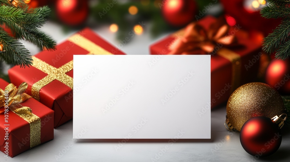Poster white card sits on top of a stack of red boxes. the card is empty and the boxes are decorated with g