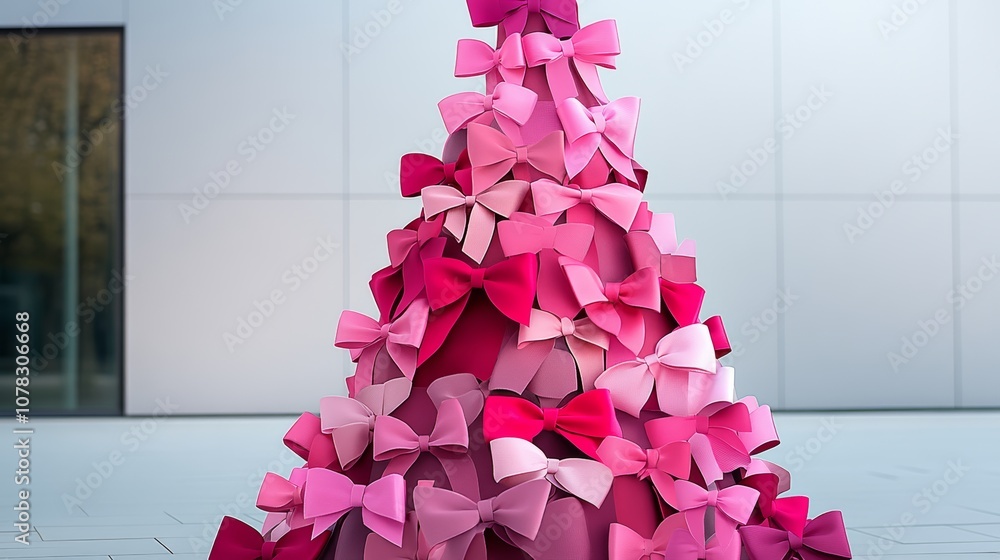 Poster pink tree made of bows is displayed in front of a building. the tree is made of many bows of differe