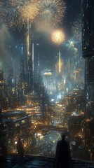 Two figures stand silhouetted against a futuristic cityscape, watching fireworks explode in the night sky.