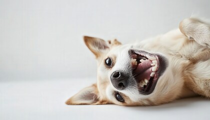 A cheerful dog lying on its back, showcasing its playful spirit and joy in a bright, minimalistic setting.