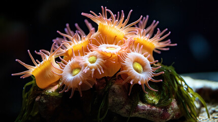 Obraz premium Close-up of vibrant orange and pink sea anemones with tentacles on a rocky surface underwater, illuminated in a dark aquatic environment.