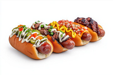 Close-up of hot dogs with toppings, American street food concept, hyper-realistic, isolated on white background