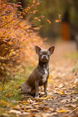  Small cute lilac Chihua-hua dog portrait in an autumn landscape