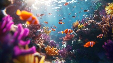 Naklejka premium A bustling underwater coral reef teeming with colorful fish