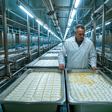 Industrial setting where cheese is processed on large stainless steel trays arranged in parallel rows, with an operator inspecting the process