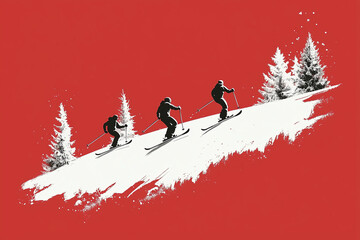 Minimalist illustration of a ski group with simple lines, skis, and snowy trees