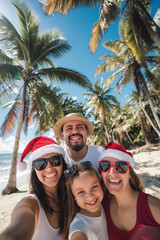 Obraz premium Happy young family wearing Santa’s hats and Christmas sunglasses takes a selfie on the beach against the backdrop of palm trees. Winter holidays in exotic resort, travel photo in a tropical paradise. 