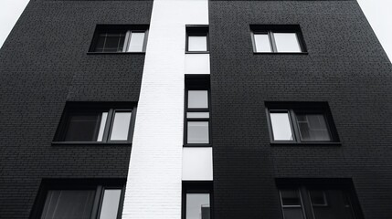 Modern black brick building with white stripe and windows.