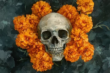 watercolor illustration of a human skull surrounded by orange marigold flowers on dark background
