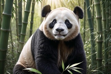 Obraz premium Serene Giant Panda Resting Peacefully Among Fresh Bamboo Grove