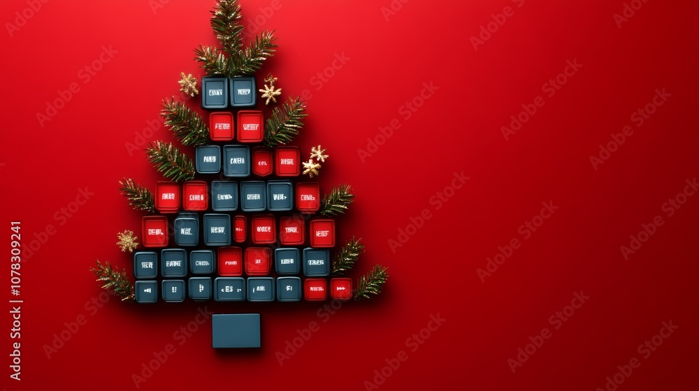 Poster christmas tree made out of computer keys. the tree is decorated with snow and has a red background