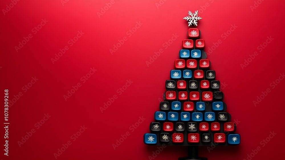 Poster christmas tree made out of computer keys. the tree is red and blue and has a snowflake on top