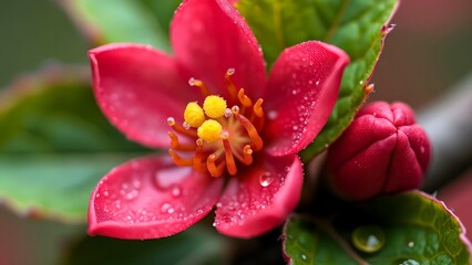 Macro shot of a blooming red bud with vibrant yellow pollen and lush green leaves, capturing the delicate beauty of spring, high detail