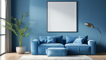 A cozy living space featuring a blue sofa, green plant, and minimalist decor in daylight