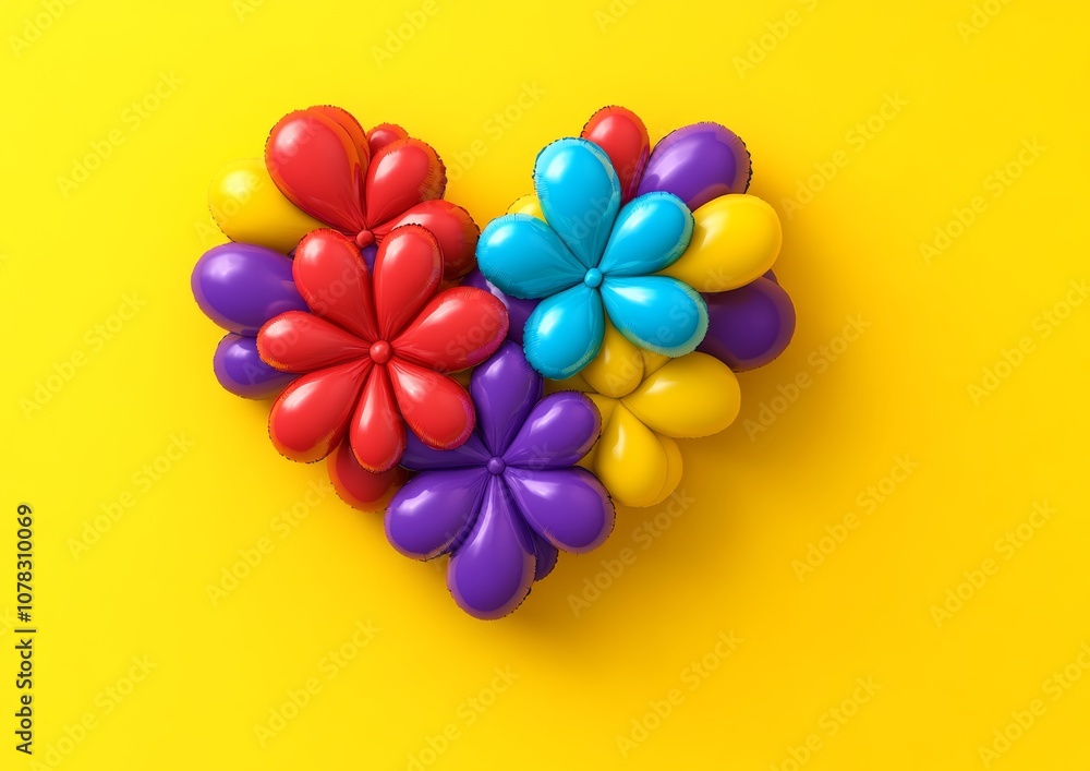 Poster heart made of balloons with a yellow background. the balloons are in different colors and sizes, cre