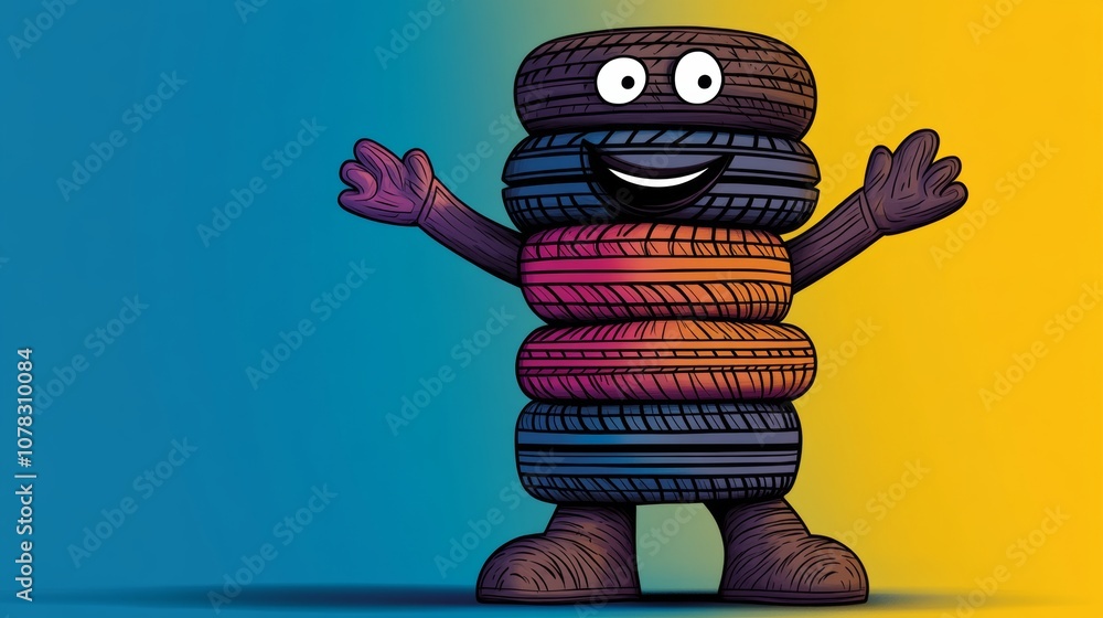 Poster tire character is standing on a yellow background. the tire character is smiling and he is happy
