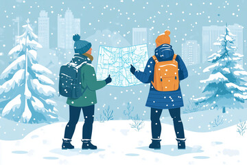 Minimalist illustration of a winter tour with guide holding a map