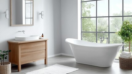 A modern bathroom featuring a freestanding bathtub, wooden vanity, large window, and greenery for a fresh, serene atmosphere.