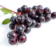 Fototapeta premium A delicate cluster of freshly plucked acai berries glisten against the pristine backdrop of a snowy white surface, their deep purple hue radiating a sense of luxury and mystique.