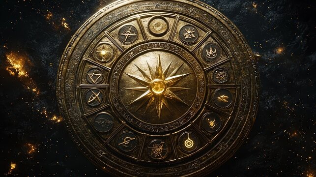 Golden celestial compass with star symbols