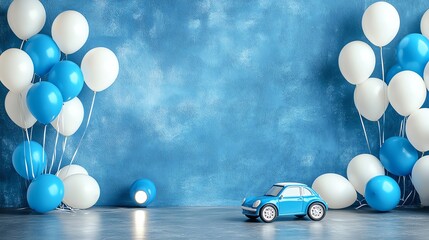 Blue background cloth and cement floor with blue and white balloons, toy car on the ground, two photography lights for birthday atmosphere, high definition