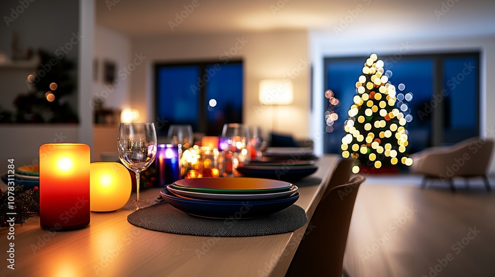 Aufkleber table with a christmas tree in the background and candles on it. the table is set for a dinner party