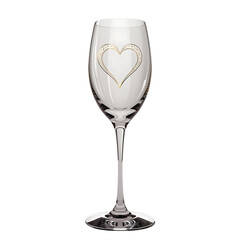 A clear glass champagne flute with a gold heart design.