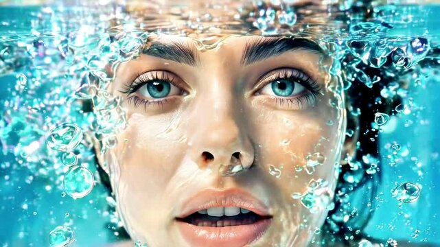 The young woman's face in the water was full of popping bubbles