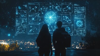 Silhouettes of two people looking at a futuristic display.