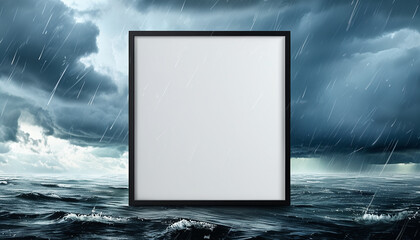 A blank canvas stands against a stormy ocean backdrop during a fierce rainstorm