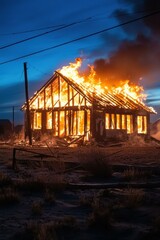 Fototapeta premium A house is engulfed in flames during a fire. AI.