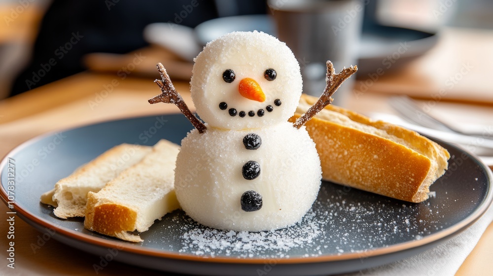 Poster snowman made out of sugar is sitting on a plate with bread and a cup. the snowman is smiling and see