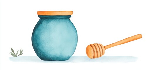 A hand-painted honey jar and dipper, showcasing a vibrant blue jar beside a wooden honey dipper.