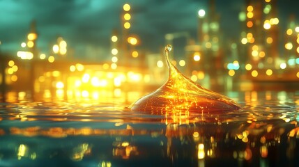 Obraz premium Captivating golden water droplet reflects industrial lights in a stunning night scene