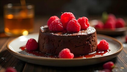 Molten chocolate cake with raspberries.